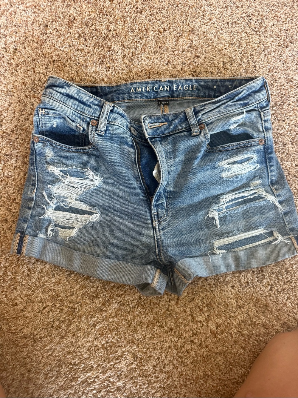 American Eagle Outfitters Light Blue Distressed Roll-Hem Jean Shorts